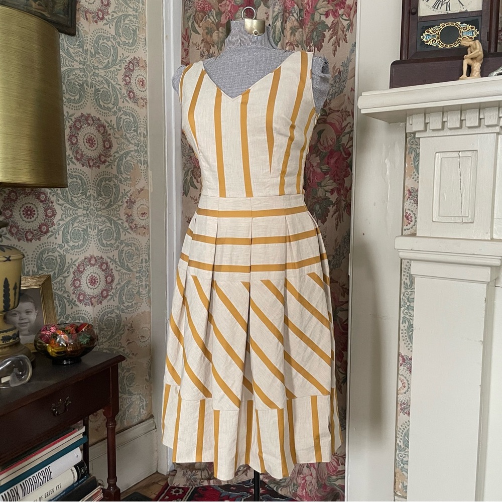 PIAZZA SEMPIONE Tan and Mustard Yellow Striped Sleeveless Dress